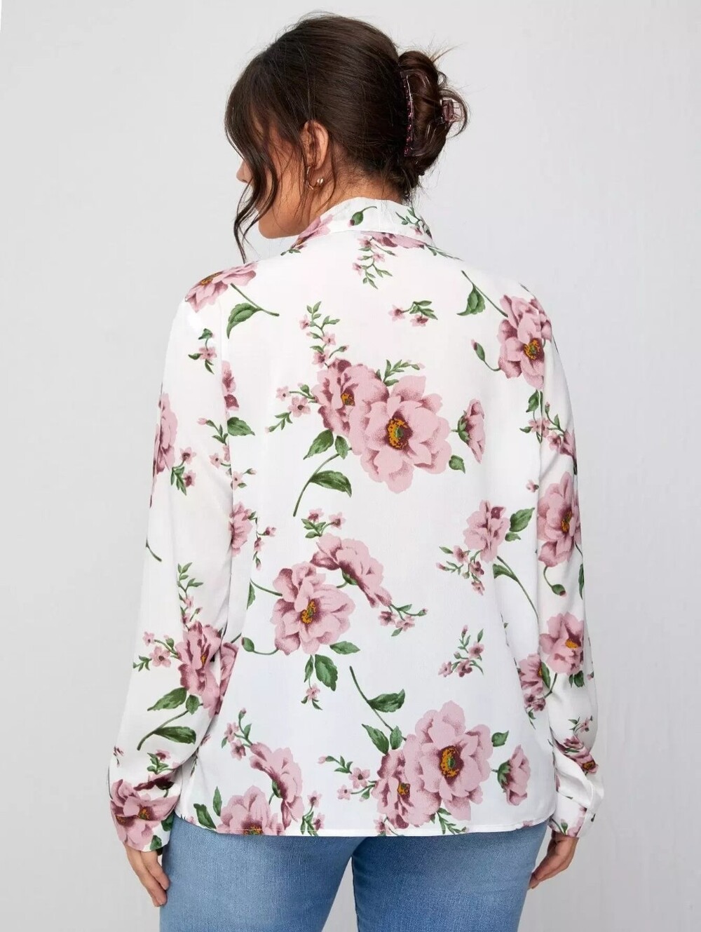 Romantic Floral Tie-Neck Long Sleeve Blouse White & Soft Pink Size Small/Medium